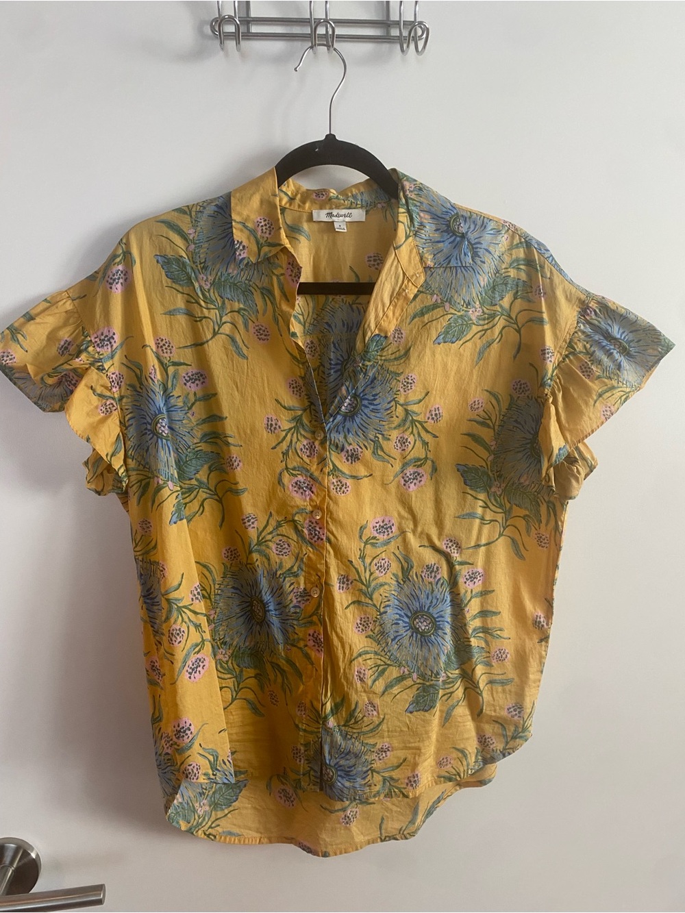 Madewell Yellow Floral Short Sleeve Button-Front Blouse size small